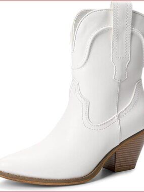 Faux Leather Cowboy Ankle Boots Low Heel Pointed Toe Western Booties